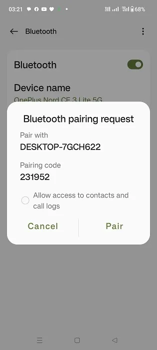 Richiesta di accoppiamento Bluetooth come PIN mostrato sul telefono Android.