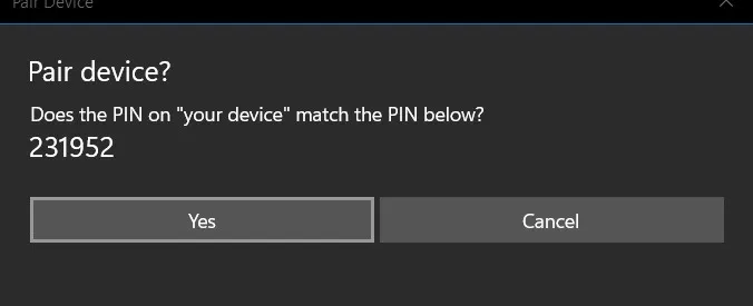 Corrispondenza del PIN del telefono per connettere il laptop Windows allo smartphone tramite Bluetooth.