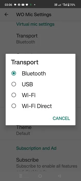 Bluetooth als Transportmodus in der Android-App von WO Mic ausgewählt.