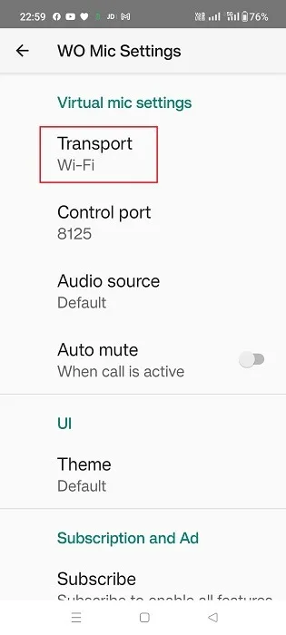 Fai clic su Trasporto nelle impostazioni del microfono virtuale di WO Mic in Android.