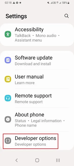 Opções do desenvolvedor visíveis em um aplicativo de telefone Android.