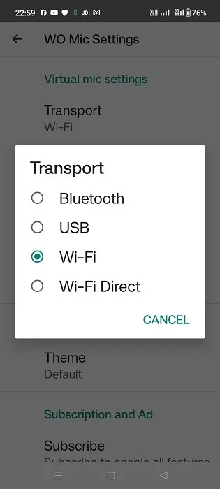 Verschiedene Transportmechanismen sind in der WO Mic-App sichtbar, darunter USB, Wi-Fi, Wi-Fi Direct und Bluetooth.