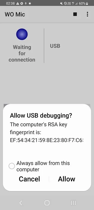をクリックして、Windows PC に接続された Android スマートフォンでの USB デバッグに同意します。