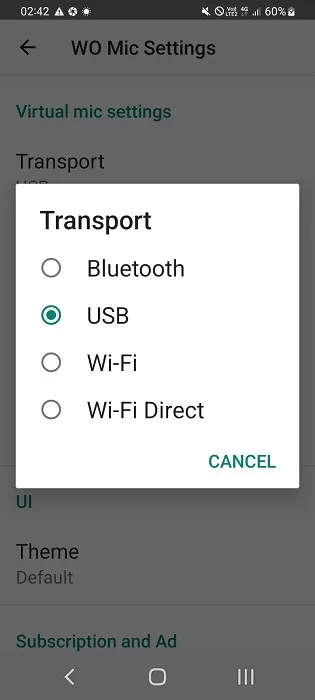 Selecionando USB como modo de transporte no aplicativo Android do WO Mic.