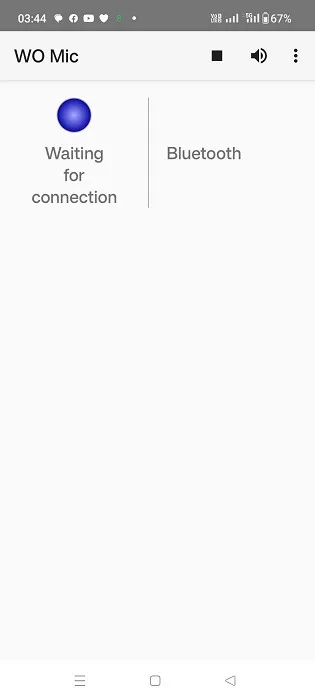 WO Mic App Android in attesa di connessione in modalità di trasporto Bluetooth.
