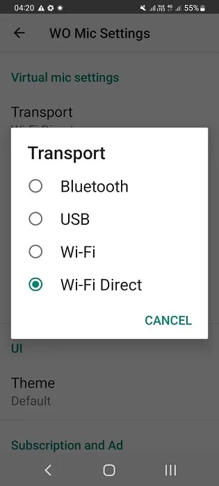 WO Mic Android アプリのトランスポート モードとしての Wi-Fi Direct。