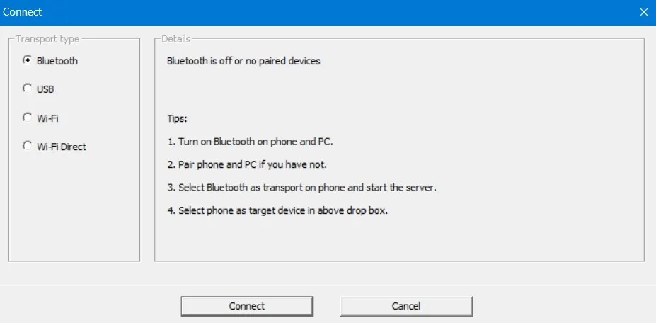 Client WO Mic in Windows con modalità di trasporto impostata su Bluetooth.