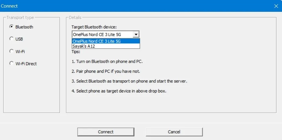Bluetooth トランスポート モードの Windows 用 WO Mic Client でターゲット Bluetooth デバイスを選択します。