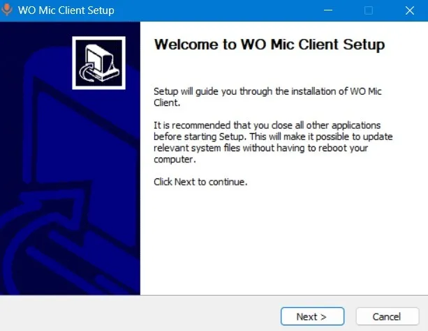 WO Mic Client Setup con passaggio iniziale di installazione su Windows.