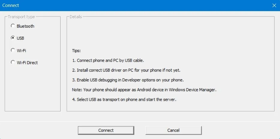 Windows デバイスの WO Mic Client でトランスポート タイプとして USB を選択します。