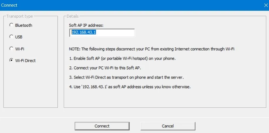 Windows の WO Mic Client で Wi-Fi Direct がトランスポート モードとして選択されました。