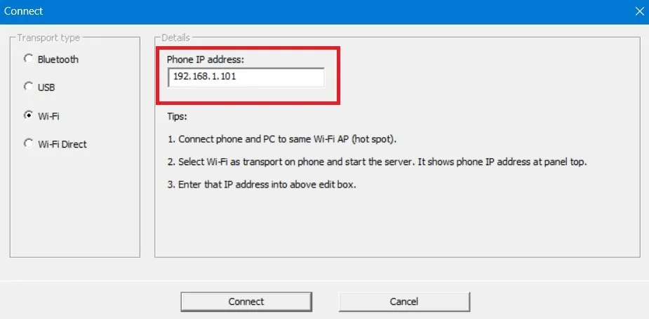 Windows PC 上の WO Mic クライアントの電話機の IP アドレスをメモします。