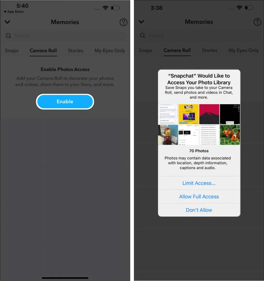 Snapchat-Eingabeaufforderung bezüglich des Zugriffs auf Ihre Fotos-App