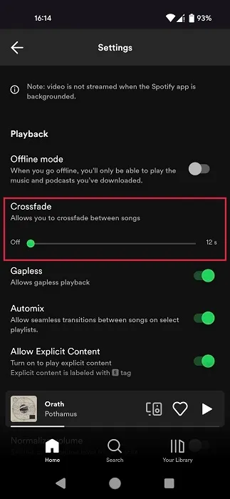 Crossfade-Schieberegler in der Spotify-App für Android sichtbar.