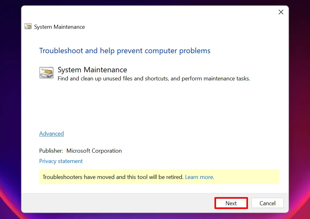 De probleemoplosser voor systeemonderhoud uitvoeren in Windows.