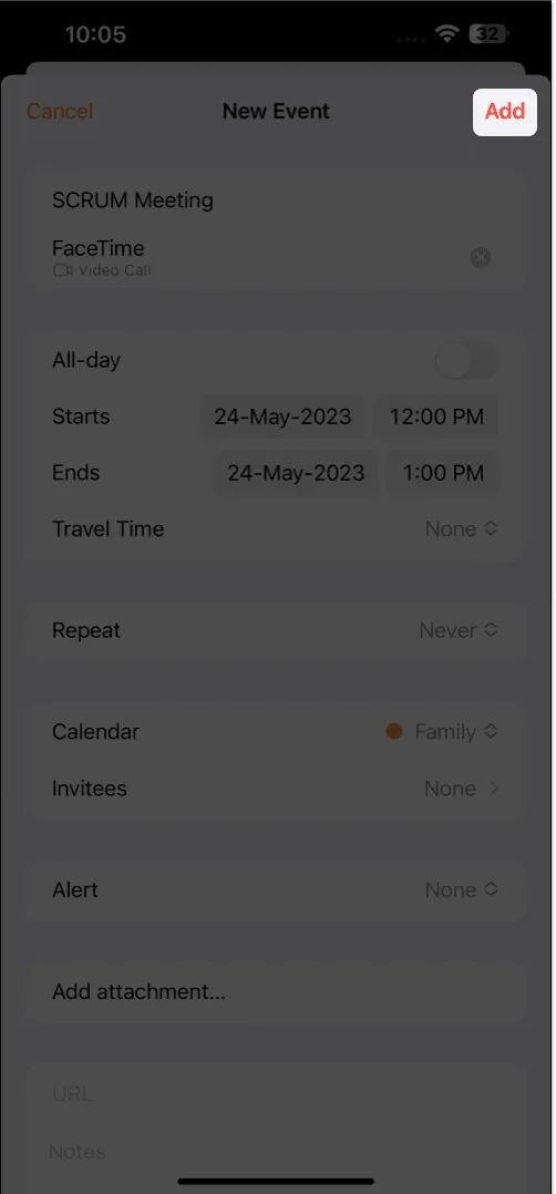 Toque Agregar en la aplicación Calendario
