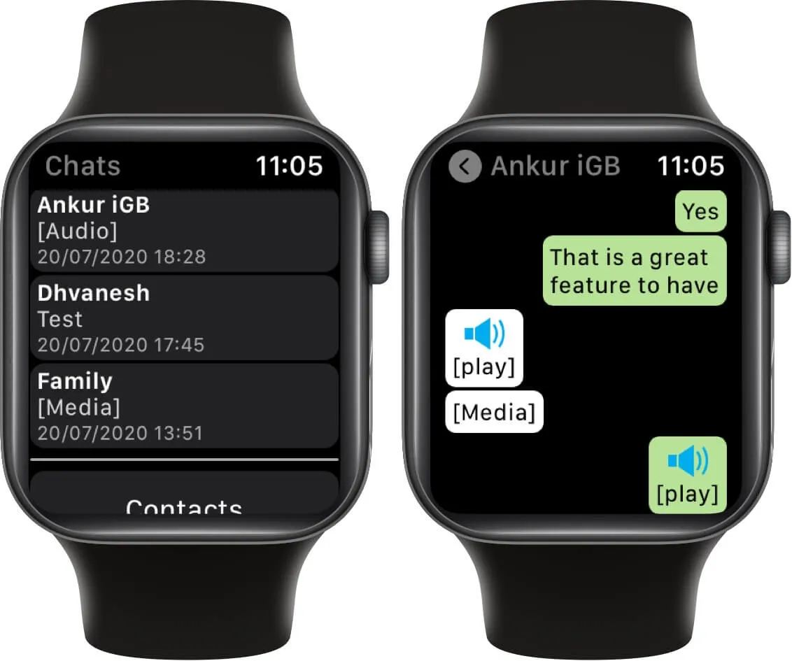 Apple WatchでWhatsAppメッセージを読むにはチャットをタップしてください