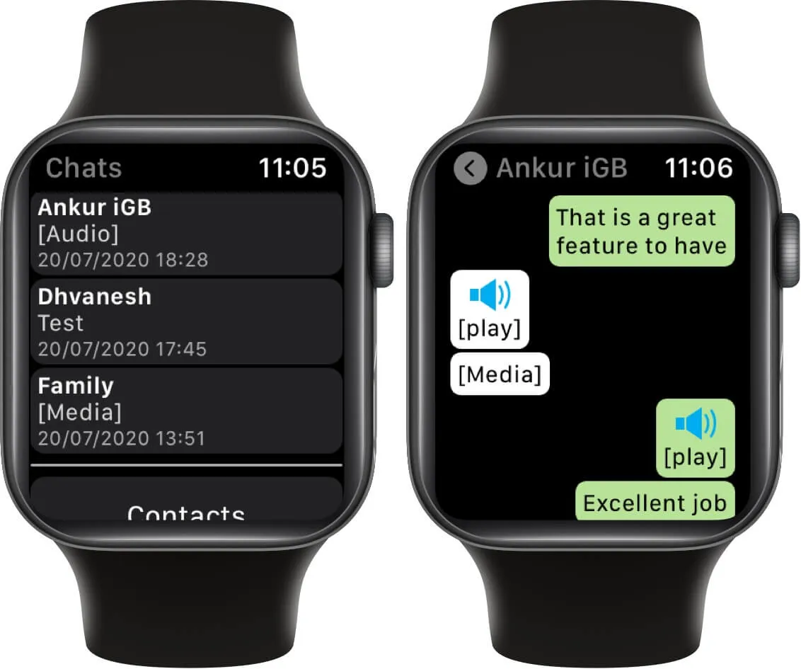 Apple Watch에서 whatsapp 음성 메시지를 들으려면 재생을 탭하십시오.