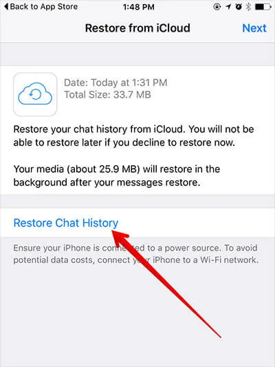 Tippen Sie in WhatsApp auf dem iPhone auf „Chatverlauf wiederherstellen“.