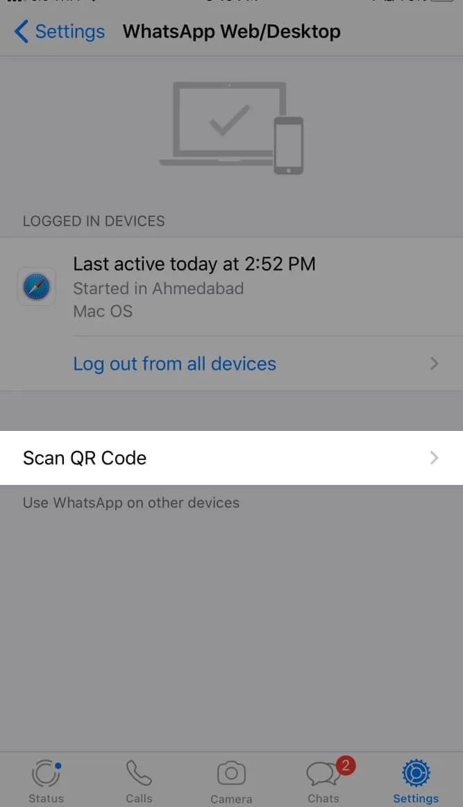 iPhone의 WhatsApp 설정에서 QR 코드 스캔을 누릅니다.