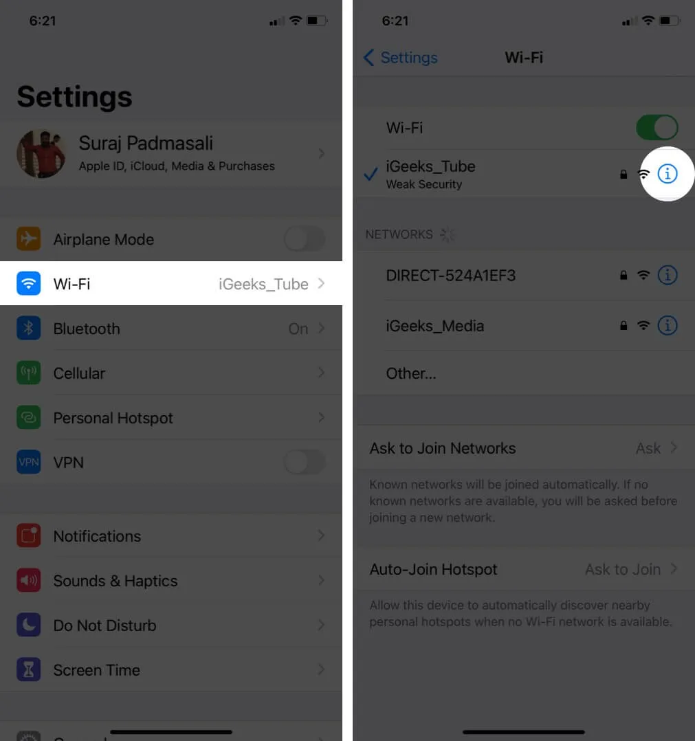 appuyez sur Wi-Fi dans l'application Paramètres, puis appuyez sur i à côté du Wi-Fi connecté sur iPhone