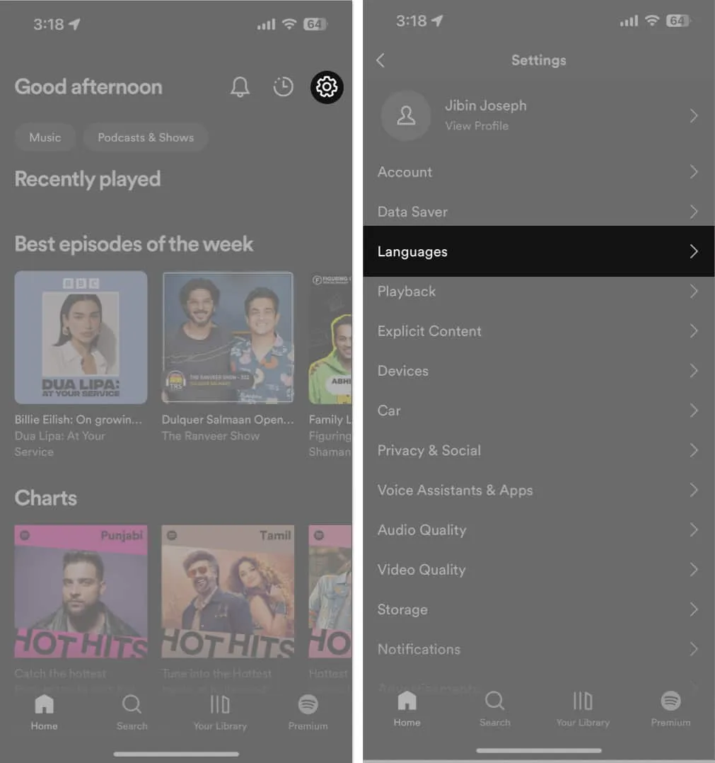 Toca Configuración, idioma de la aplicación en Spotify