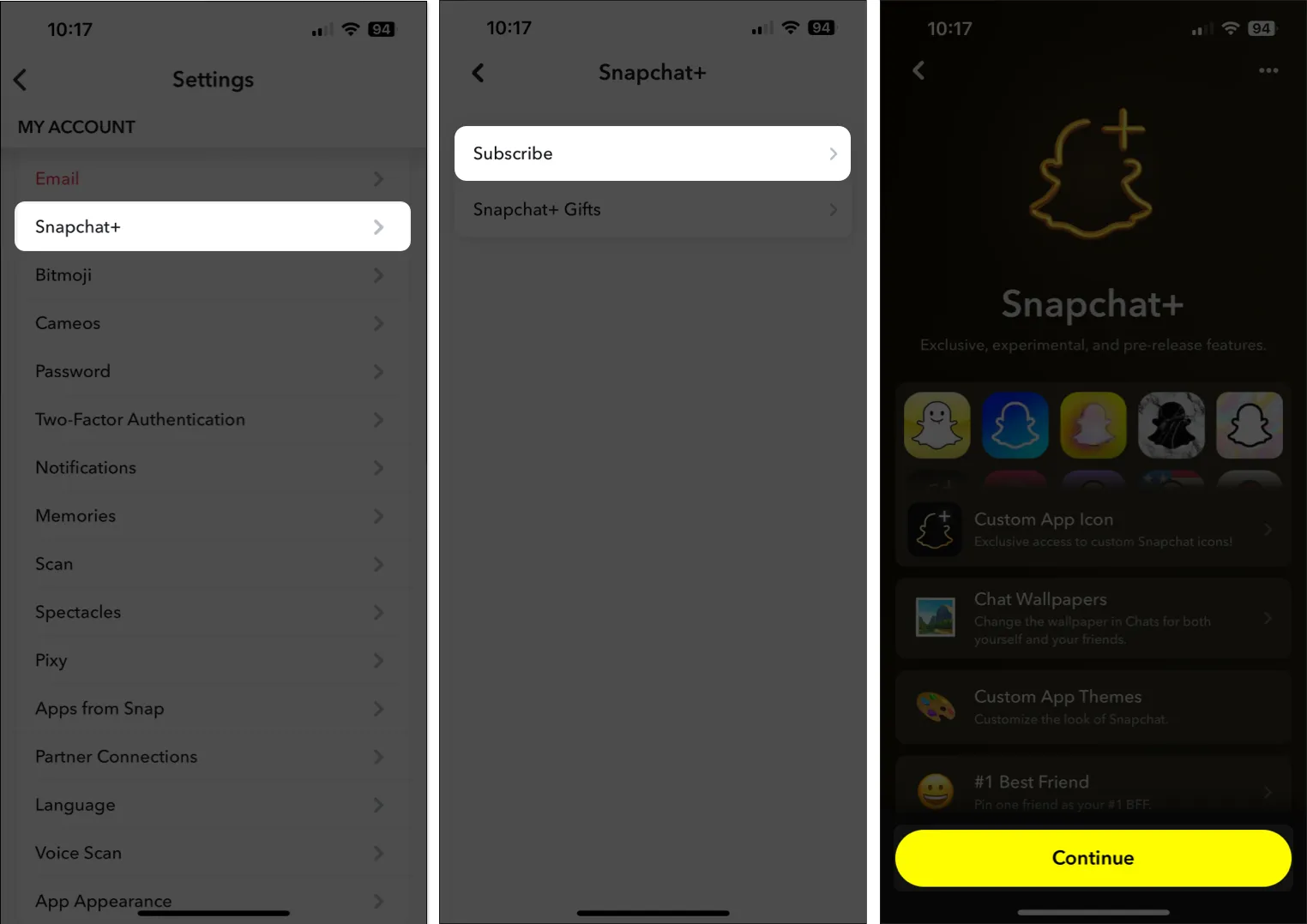 Tik op Snapchat Plus, Abonneren, Doorgaan