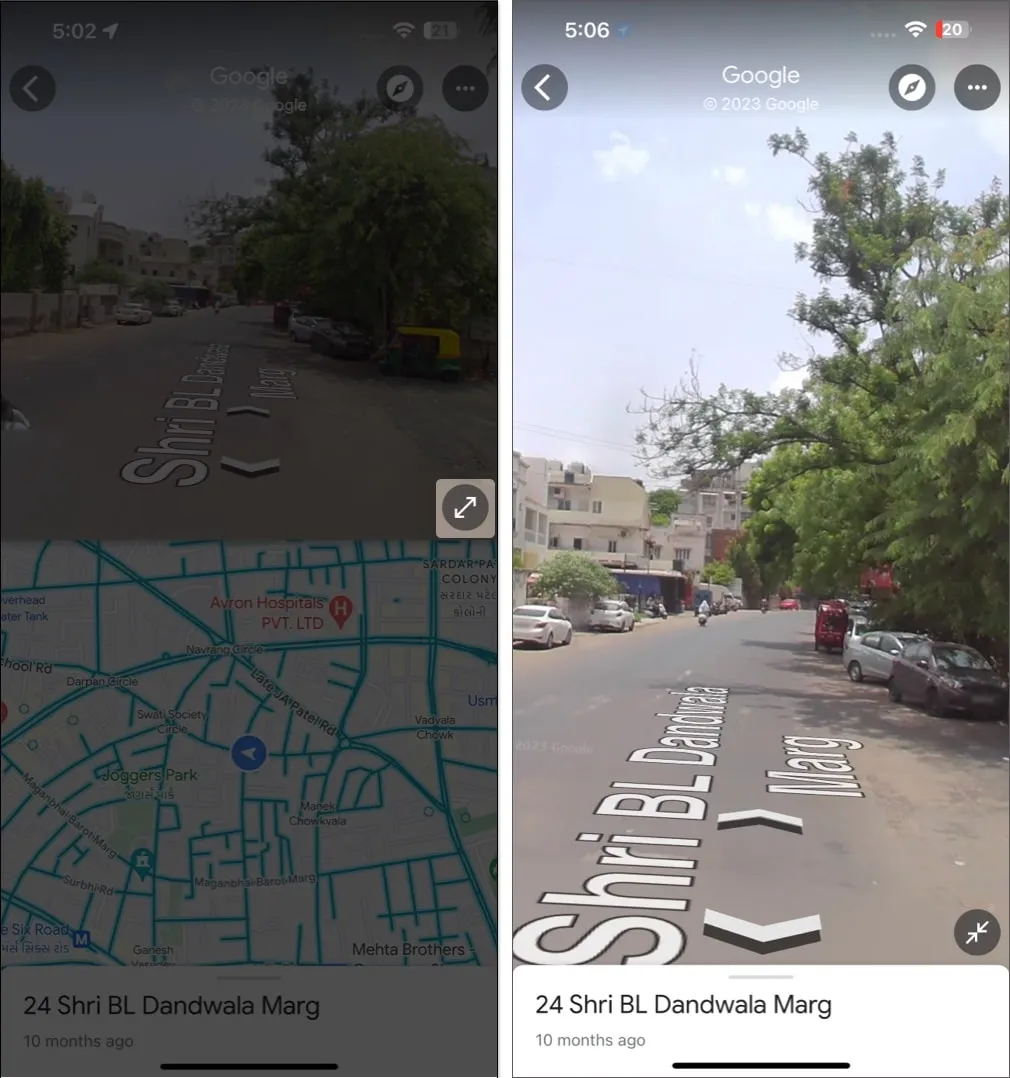 Tippen Sie im Street View-Modus in Google Maps auf das Vergrößerungssymbol