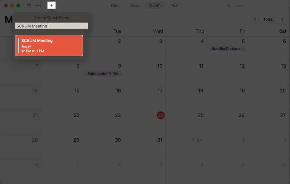 Toque el ícono +, ingrese el título del evento en Calendario en Mac