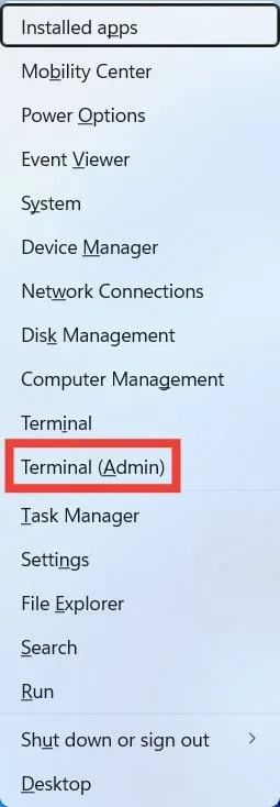 Klicken Sie auf die Option „Terminal (Admin)“ im WinX-Menü.