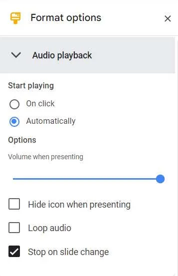 Het gedeelte Audio afspelen van formaatopties in Google Presentaties