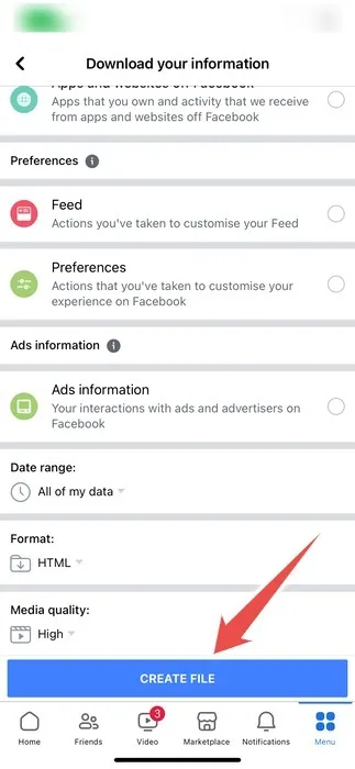 Iphone の Facebook アプリの「情報のダウンロード」ページにある「ファイルの作成」ボタン