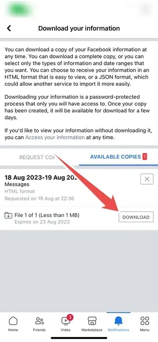 De downloadknop van het profielinformatiebestand in de Facebook-app op de iPhone