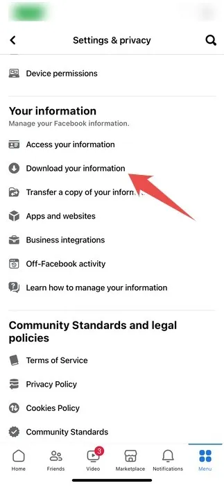 iPhone의 Facebook 앱에 있는 설정 및 개인 정보 페이지의 정보 다운로드 옵션