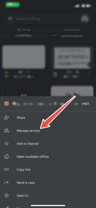 De optie Toegang beheren van een audiobestand in de Google Drive-app