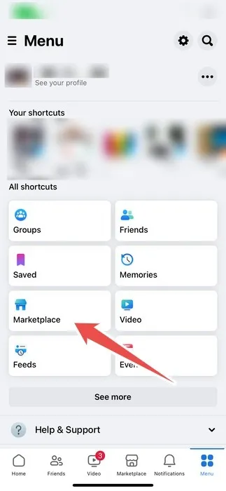 De Marketplace-knop op de menupagina van de Facebook-app op de iPhone