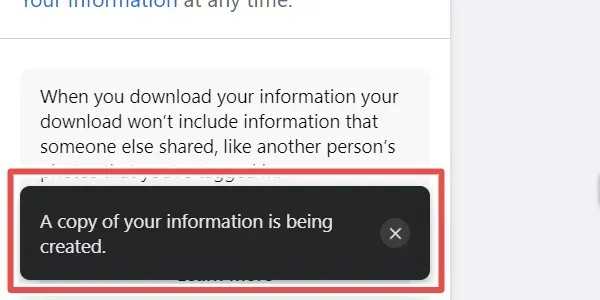 Facebook があなたのプロフィール情報のコピーを作成しているというメッセージ