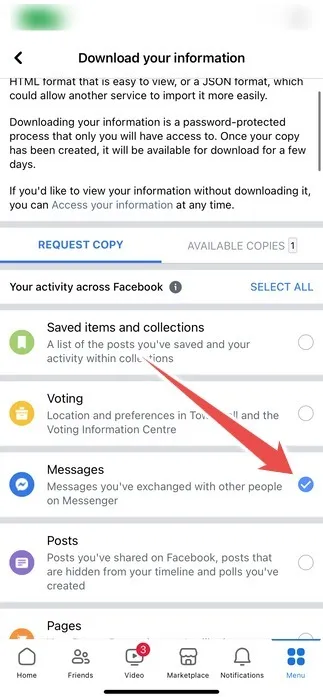 Het selectievakje Berichten op de pagina Uw informatie downloaden in de Facebook-app op de iPhone