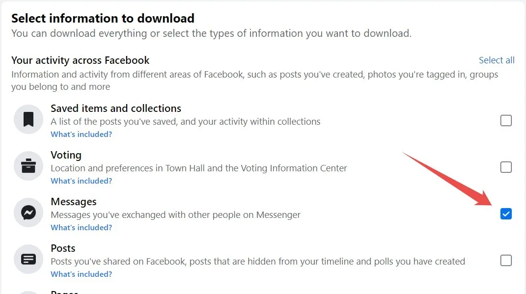 Het selectievakje Berichten is aangevinkt bij het downloaden van profielinformatie op de Facebook-website