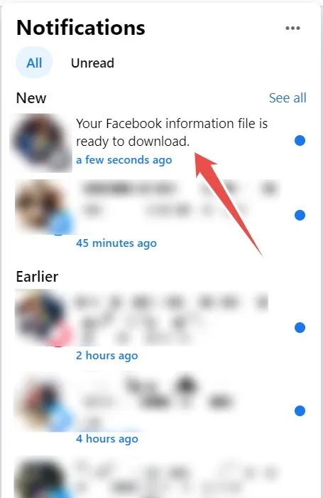 La notifica che il tuo file Facebook è pronto per essere scaricato sull'app Facebook