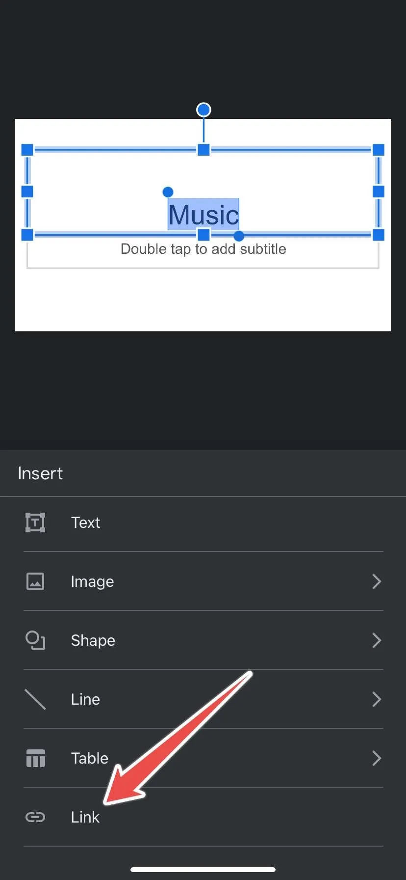 De optie om een ​​link in te voegen in de Google Presentaties-app