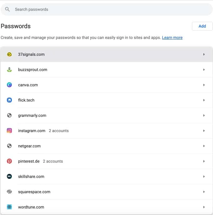 Google パスワード マネージャーのパスワード マネージャー インターフェース