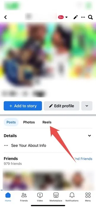 릴 옵션이 강조 표시된 Facebook Iphone 앱의 프로필 페이지.jpeg