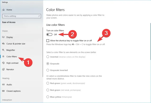 Schakel het kleurenfilter uit om zwart-witte vierkanten op het computerscherm te corrigeren