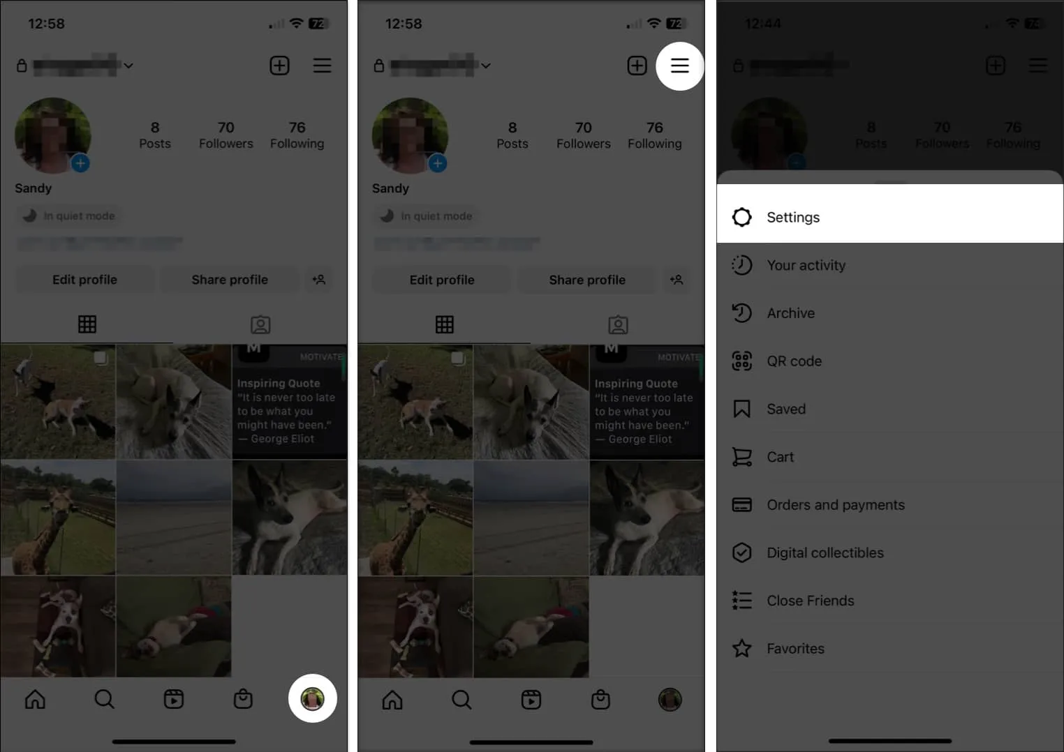 Pour activer le mode silencieux sur Instagram, ouvrez l'application Instagram, appuyez sur votre photo de profil, sélectionnez le menu hamburger, choisissez Paramètres.