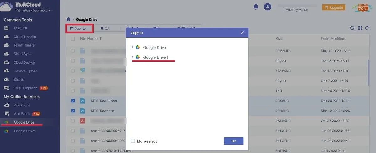 Spostamento di file su un account Google Drive secondario con MultCloud.