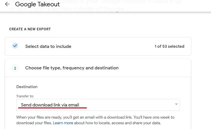 Impostazione della destinazione del trasferimento per i file di Google Drive sul sito web di Google Takeout.