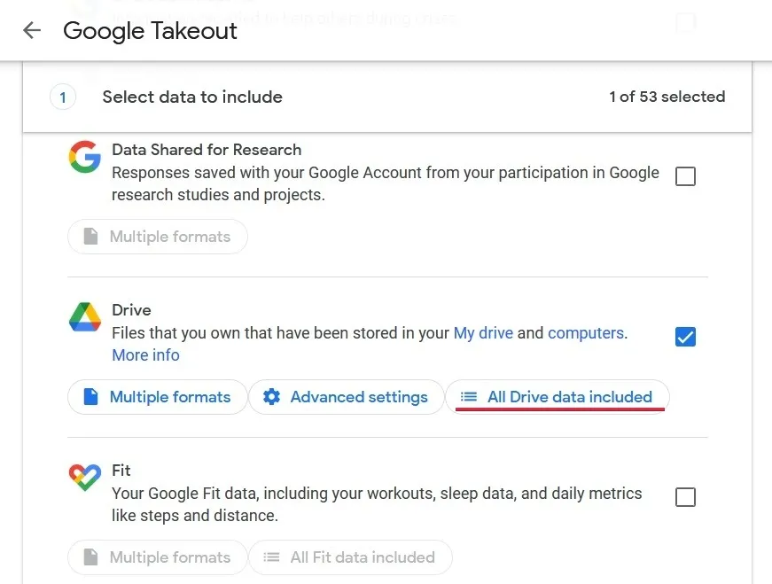 Selezionare l'opzione Drive sul sito web di Google Takeout.