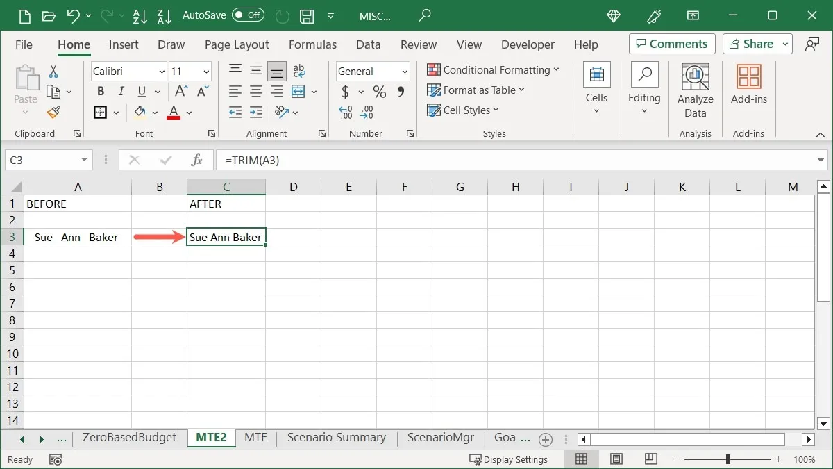 Excelのトリミングされたスペース