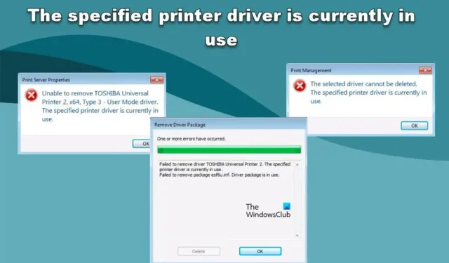 O driver de impressora especificado está atualmente em uso